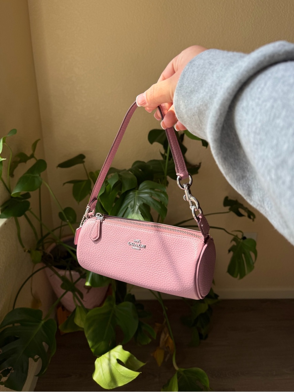 Coach Pink Pebbled Leather Mini Barrel Bag with Detachable Strap